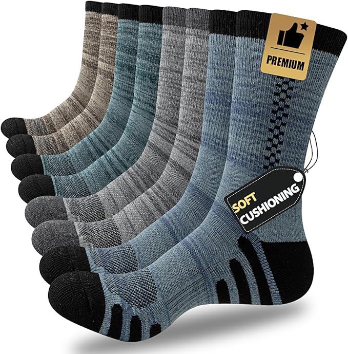 Eight pairs of JOYNÉE crew athletic socks for men, featuring a long calf fit, reinforced cushioning for impact protection, and moisture-wicking fabric for gym and sports.